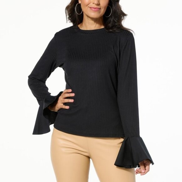 C Wonder by Christian Siriano Ribbed Knit Bell Sleeve Top Size Small Solid Black - Picture 1 of 6